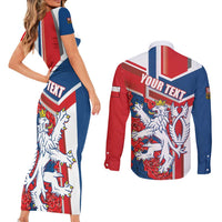 Personalised Czech Republic Couples Matching Short Sleeve Bodycon Dress and Long Sleeve Button Shirt Czechia Lion Rosa Pattern - Wonder Print Shop