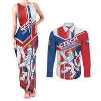 Personalised Czech Republic Couples Matching Tank Maxi Dress and Long Sleeve Button Shirt Czechia Lion Rosa Pattern - Wonder Print Shop