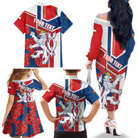 Personalised Czech Republic Family Matching Off The Shoulder Long Sleeve Dress and Hawaiian Shirt Czechia Lion Rosa Pattern - Wonder Print Shop