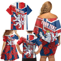 Personalised Czech Republic Family Matching Off Shoulder Short Dress and Hawaiian Shirt Czechia Lion Rosa Pattern - Wonder Print Shop