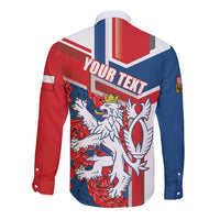 Personalised Czech Republic Long Sleeve Button Shirt Czechia Lion Rosa Pattern - Wonder Print Shop