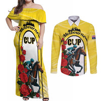 Personalised Melbourne Horse Racing Couples Matching Off Shoulder Maxi Dress and Long Sleeve Button Shirt The Race That Stops The Nation - Wonder Print Shop