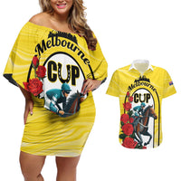 Personalised Melbourne Horse Racing Couples Matching Off Shoulder Short Dress and Hawaiian Shirt The Race That Stops The Nation - Wonder Print Shop