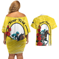 Personalised Melbourne Horse Racing Couples Matching Off Shoulder Short Dress and Hawaiian Shirt The Race That Stops The Nation - Wonder Print Shop