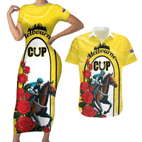 Personalised Melbourne Horse Racing Couples Matching Short Sleeve Bodycon Dress and Hawaiian Shirt The Race That Stops The Nation - Wonder Print Shop