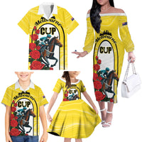 Personalised Melbourne Horse Racing Family Matching Off The Shoulder Long Sleeve Dress and Hawaiian Shirt The Race That Stops The Nation - Wonder Print Shop