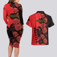 Personalised Albania Eagle Couples Matching Long Sleeve Bodycon Dress and Hawaiian Shirt Red Poppy Flowers - Wonder Print Shop