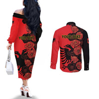 Personalised Albania Eagle Couples Matching Off The Shoulder Long Sleeve Dress and Long Sleeve Button Shirt Red Poppy Flowers