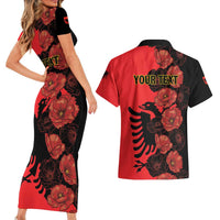 Personalised Albania Eagle Couples Matching Short Sleeve Bodycon Dress and Hawaiian Shirt Red Poppy Flowers - Wonder Print Shop