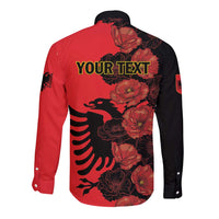 Personalised Albania Eagle Long Sleeve Button Shirt Red Poppy Flowers - Wonder Print Shop