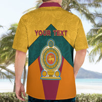 Back view of Sri Lanka-themed Hawaiian shirt with lion crest and 'YOUR TEXT'