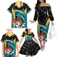 Bahamas Basketball Custom Family Matching Off The Shoulder Long Sleeve Dress and Hawaiian Shirt Team Bahamas Come On