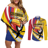 Custom Colombia Rugby Couples Matching Off Shoulder Short Dress and Long Sleeve Button Shirt Los Tucanes Go Champions