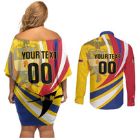 Custom Colombia Rugby Couples Matching Off Shoulder Short Dress and Long Sleeve Button Shirt Los Tucanes Go Champions