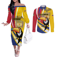 Custom Colombia Rugby Couples Matching Off The Shoulder Long Sleeve Dress and Long Sleeve Button Shirt Los Tucanes Go Champions