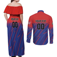 Custom Costa Rica Rugby Couples Matching Off Shoulder Maxi Dress and Long Sleeve Button Shirt Ticos Go Champions