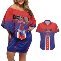 Custom Costa Rica Rugby Couples Matching Off Shoulder Short Dress and Hawaiian Shirt Ticos Go Champions