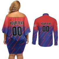 Custom Costa Rica Rugby Couples Matching Off Shoulder Short Dress and Long Sleeve Button Shirt Ticos Go Champions