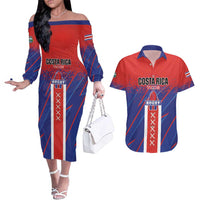 Custom Costa Rica Rugby Couples Matching Off The Shoulder Long Sleeve Dress and Hawaiian Shirt Ticos Go Champions