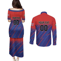 Custom Costa Rica Rugby Couples Matching Puletasi and Long Sleeve Button Shirt Ticos Go Champions
