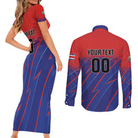 Custom Costa Rica Rugby Couples Matching Short Sleeve Bodycon Dress and Long Sleeve Button Shirt Ticos Go Champions