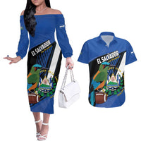Custom El Salvador Rugby Couples Matching Off The Shoulder Long Sleeve Dress and Hawaiian Shirt Los Torogoces Go Champions