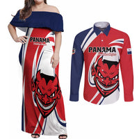 Custom Panama Rugby Couples Matching Off Shoulder Maxi Dress and Long Sleeve Button Shirt Diablos Rojos Go Champions