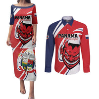 Custom Panama Rugby Couples Matching Puletasi and Long Sleeve Button Shirt Diablos Rojos Go Champions