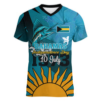 10 July The Bahamas Independence Day Women V Neck T Shirt Bahamian Blue Marlin With Hibiscus - Wonder Print Shop