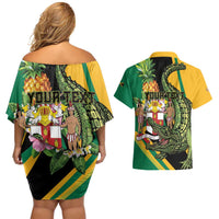 Personalized Jamaica Crocodile Couples Matching Off Shoulder Short Dress and Hawaiian Shirt Pineapple Tropical Style - Wonder Print Shop