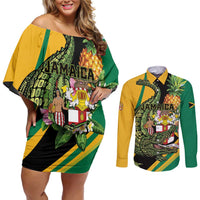 Personalized Jamaica Crocodile Couples Matching Off Shoulder Short Dress and Long Sleeve Button Shirt Pineapple Tropical Style - Wonder Print Shop