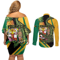 Personalized Jamaica Crocodile Couples Matching Off Shoulder Short Dress and Long Sleeve Button Shirt Pineapple Tropical Style - Wonder Print Shop