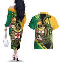Personalized Jamaica Crocodile Couples Matching Off The Shoulder Long Sleeve Dress and Hawaiian Shirt Pineapple Tropical Style - Wonder Print Shop