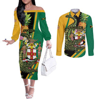 Personalized Jamaica Crocodile Couples Matching Off The Shoulder Long Sleeve Dress and Long Sleeve Button Shirt Pineapple Tropical Style - Wonder Print Shop