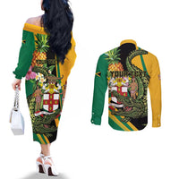Personalized Jamaica Crocodile Couples Matching Off The Shoulder Long Sleeve Dress and Long Sleeve Button Shirt Pineapple Tropical Style - Wonder Print Shop