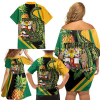 Personalized Jamaica Crocodile Family Matching Off Shoulder Short Dress and Hawaiian Shirt Pineapple Tropical Style - Wonder Print Shop