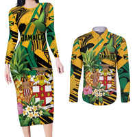 Personalized Jamaica Red-billed Streamertail Couples Matching Long Sleeve Bodycon Dress and Long Sleeve Button Shirt Pineapple Tropical Style - Wonder Print Shop
