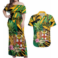 Personalized Jamaica Red-billed Streamertail Couples Matching Off Shoulder Maxi Dress and Hawaiian Shirt Pineapple Tropical Style - Wonder Print Shop