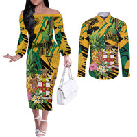 Personalized Jamaica Red-billed Streamertail Couples Matching Off The Shoulder Long Sleeve Dress and Long Sleeve Button Shirt Pineapple Tropical Style - Wonder Print Shop
