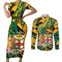 Personalized Jamaica Red-billed Streamertail Couples Matching Short Sleeve Bodycon Dress and Long Sleeve Button Shirt Pineapple Tropical Style - Wonder Print Shop