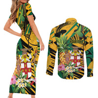 Personalized Jamaica Red-billed Streamertail Couples Matching Short Sleeve Bodycon Dress and Long Sleeve Button Shirt Pineapple Tropical Style - Wonder Print Shop