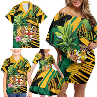 Personalized Jamaica Red-billed Streamertail Family Matching Off Shoulder Short Dress and Hawaiian Shirt Pineapple Tropical Style - Wonder Print Shop