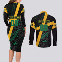 Custom Rugby Jamaica Crocs Couples Matching Long Sleeve Bodycon Dress and Long Sleeve Button Shirt Cool Runnings on Grass - Wonder Print Shop