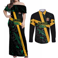 Custom Rugby Jamaica Crocs Couples Matching Off Shoulder Maxi Dress and Long Sleeve Button Shirt Cool Runnings on Grass - Wonder Print Shop