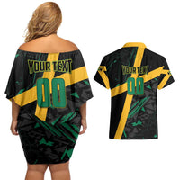 Custom Rugby Jamaica Crocs Couples Matching Off Shoulder Short Dress and Hawaiian Shirt Cool Runnings on Grass - Wonder Print Shop