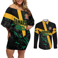 Custom Rugby Jamaica Crocs Couples Matching Off Shoulder Short Dress and Long Sleeve Button Shirt Cool Runnings on Grass - Wonder Print Shop