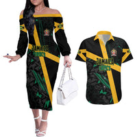 Custom Rugby Jamaica Crocs Couples Matching Off The Shoulder Long Sleeve Dress and Hawaiian Shirt Cool Runnings on Grass - Wonder Print Shop