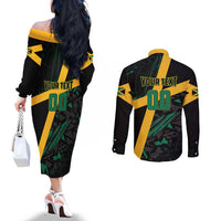 Custom Rugby Jamaica Crocs Couples Matching Off The Shoulder Long Sleeve Dress and Long Sleeve Button Shirt Cool Runnings on Grass - Wonder Print Shop