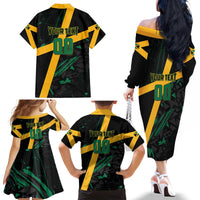 Custom Rugby Jamaica Crocs Family Matching Off The Shoulder Long Sleeve Dress and Hawaiian Shirt Cool Runnings on Grass - Wonder Print Shop