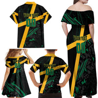 Custom Rugby Jamaica Crocs Family Matching Off Shoulder Maxi Dress and Hawaiian Shirt Cool Runnings on Grass - Wonder Print Shop